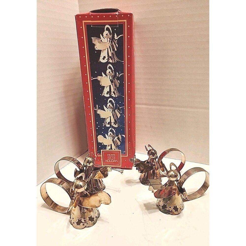Vintage Silver Plated Christmas Angel Napkin Rings 1 Set Of 4 Music Themed